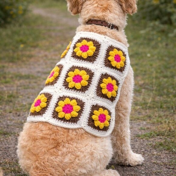 Fe.Ly Other - Handmade Crochet Granny Square Dog Vest Floral Boho Pet Sweater Cozy Stylish Med
